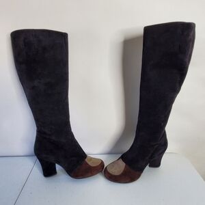 Audley Suede Boots Size 39 Vintage Heeled Knee-High Black Two-tone Side Zip